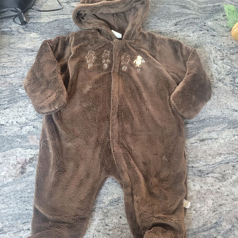 Disney Pooh Bear Costume Brown Fuzzy Hooded Jumpsuit Size 9MO